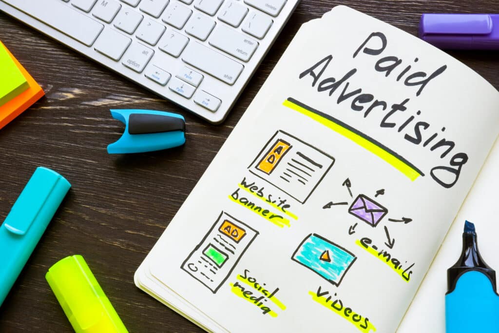 A notebook displaying different types of integrating paid advertising: Website banner, emails, social media, and videos.